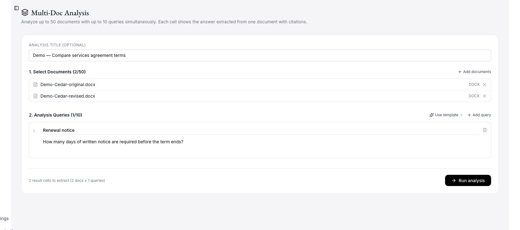 Multi-Document Analysis in the Caleto app