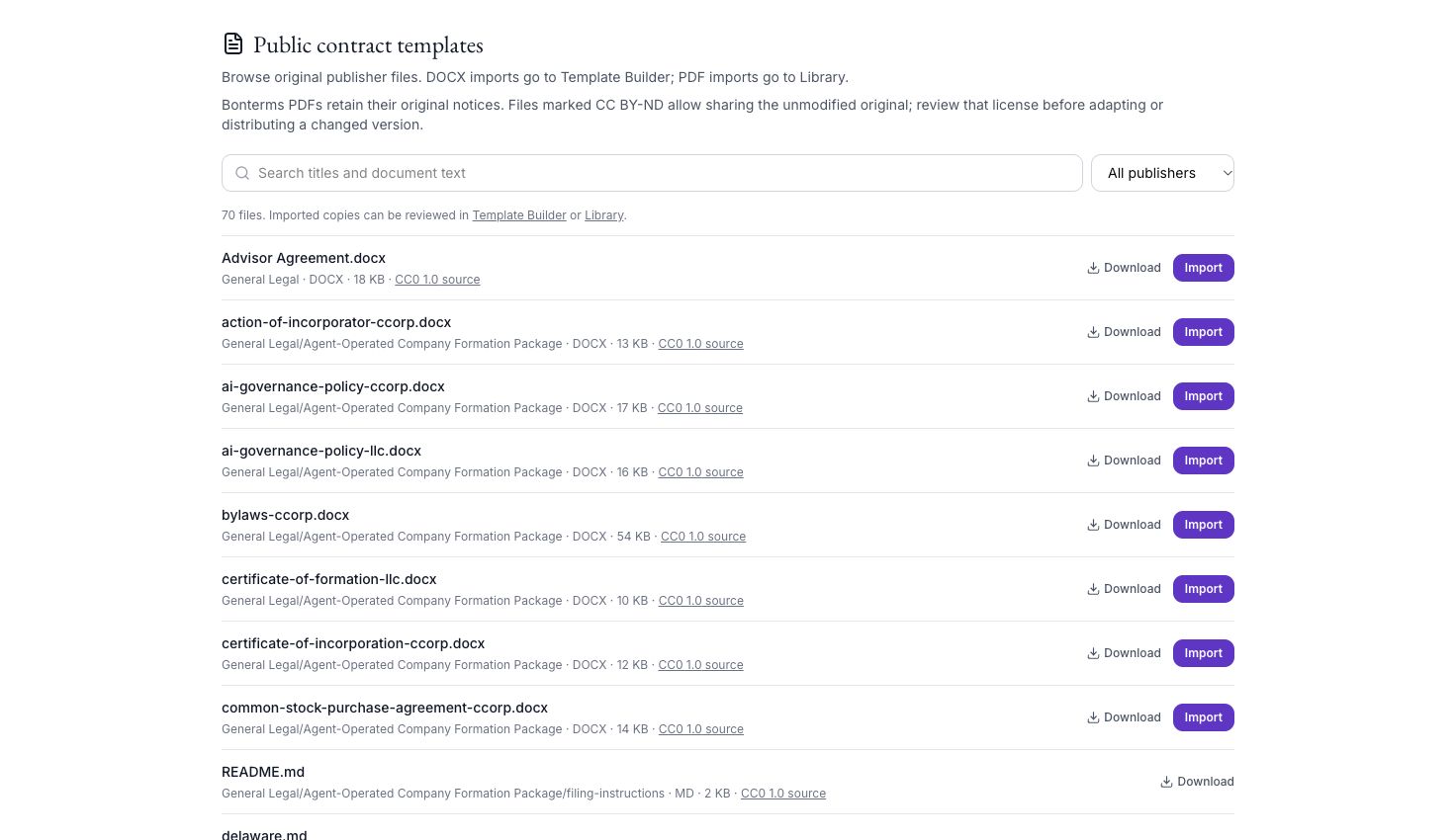 Public Contract Templates in the Caleto app
